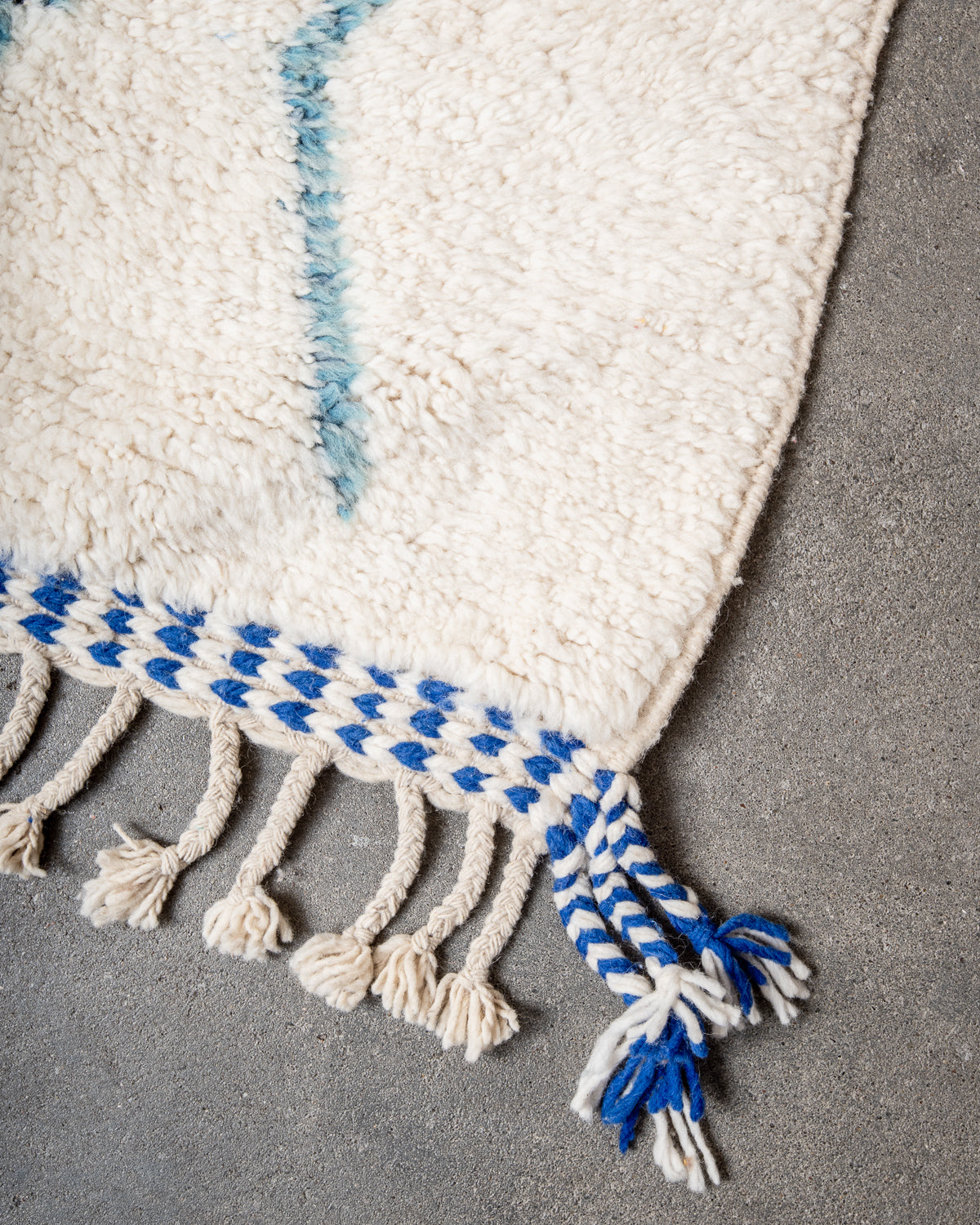 Modern, designer, handcrafted Berber rug from Morocco. Beniourain carpet with beautiful colours and patterns and fluffy wool texture.